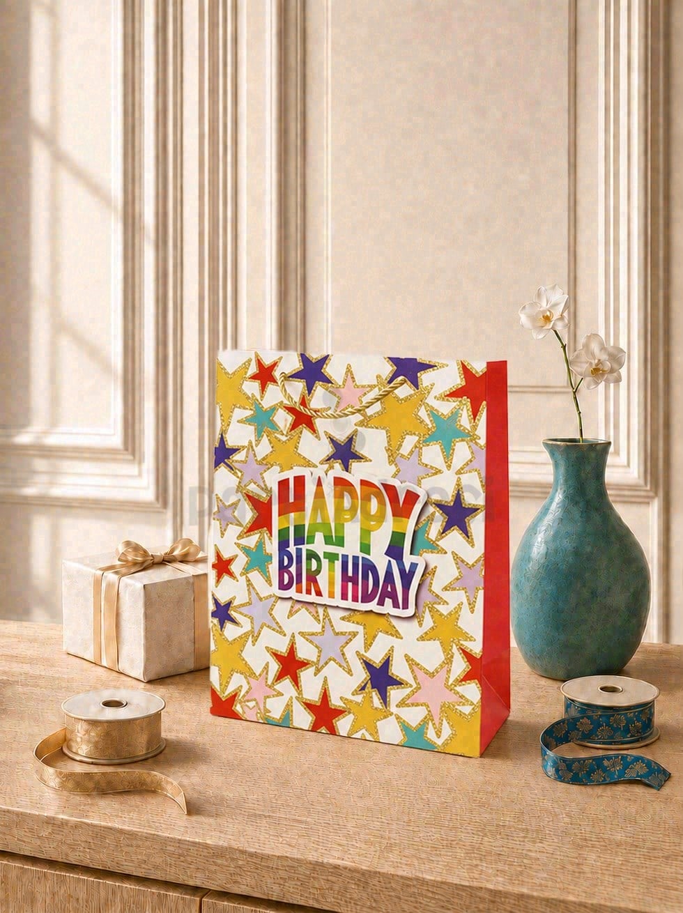 Happy Birthday Simli Karton Çanta – Hediye Alışveriş Çantası Beyaz 26x32x12 cm