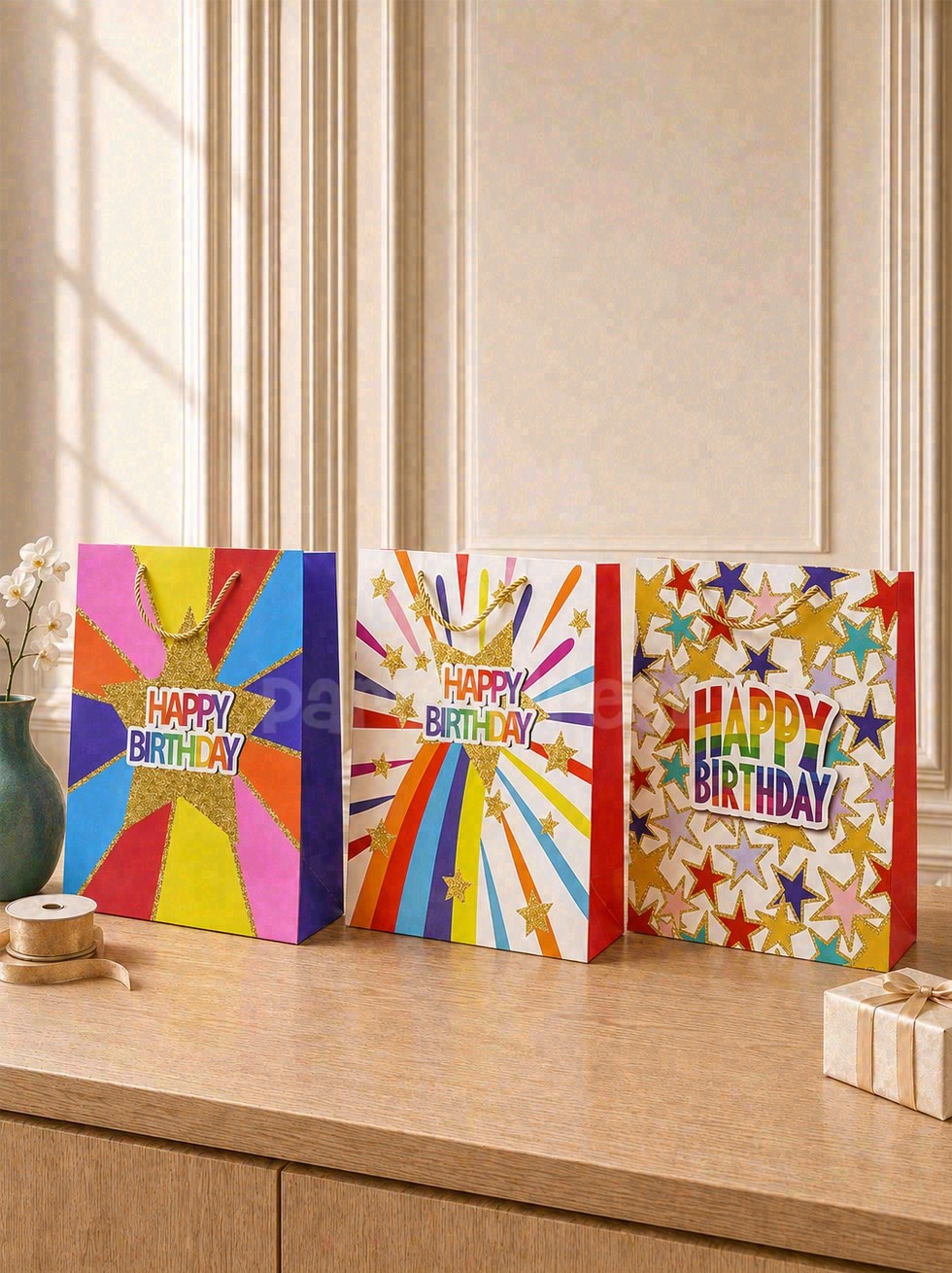 Happy Birthday Simli Karton Çanta – Hediye Alışveriş Çantası 30x40x12 cm 12li