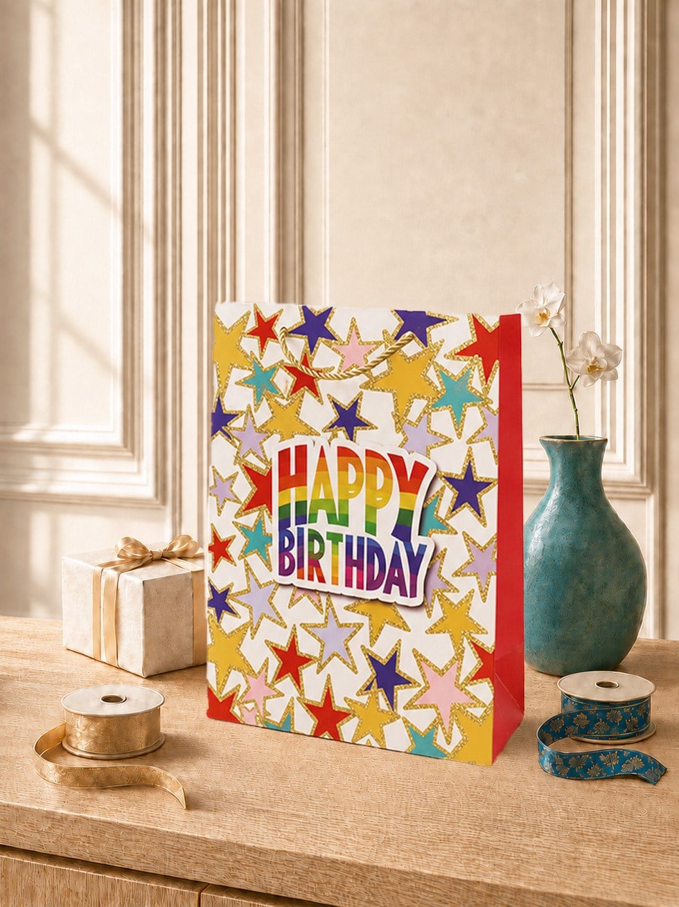 Happy Birthday Simli Karton Çanta – Hediye Alışveriş Çantası Beyaz 30x40x12 cm