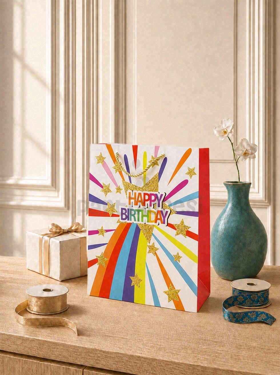 Happy Birthday Simli Karton Çanta – Hediye Alışveriş Çantası Renkli 26x32x12 cm