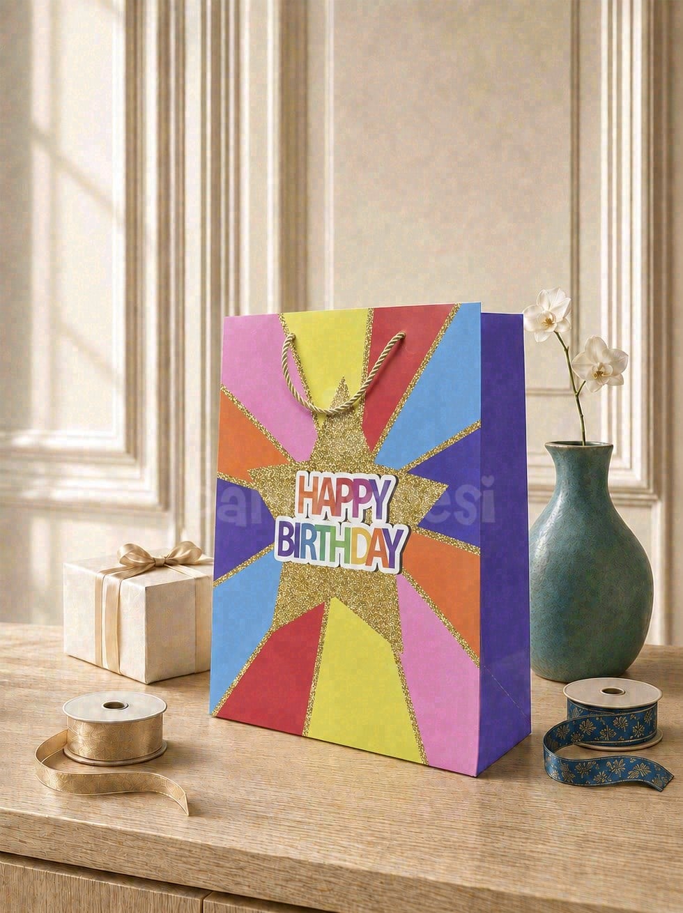 Happy Birthday Simli Karton Çanta – Hediye Alışveriş Çantası Mavi 30x40x12 cm