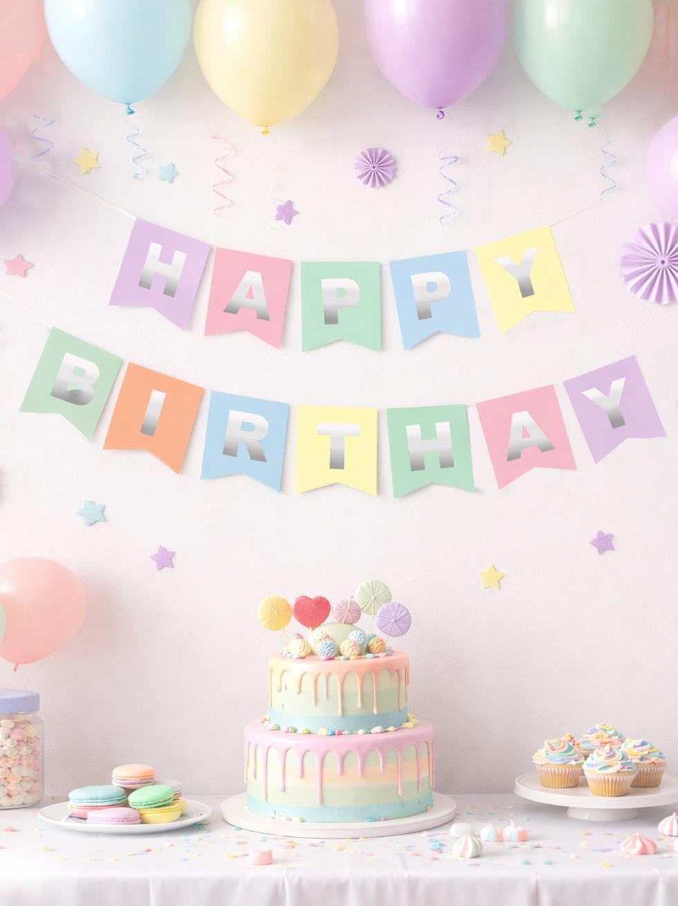 Happy Birthday Yazı Doğum Günü Banner Parti Süsü Makaron Gümüş
