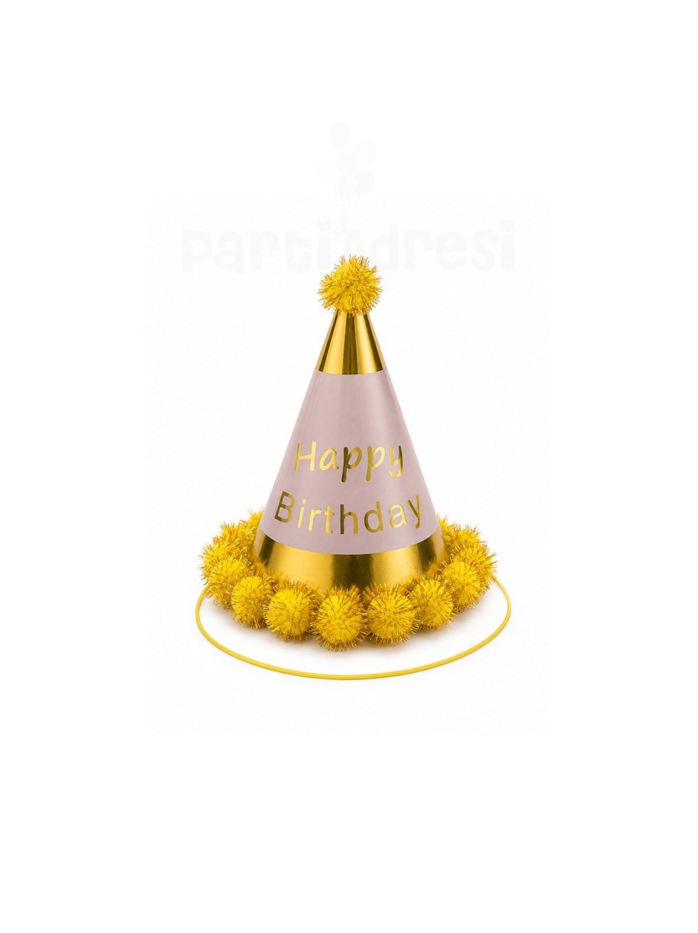 Happy Birthday Yazılı Ponponlu Doğum Günü Şapkası Gold Pembe