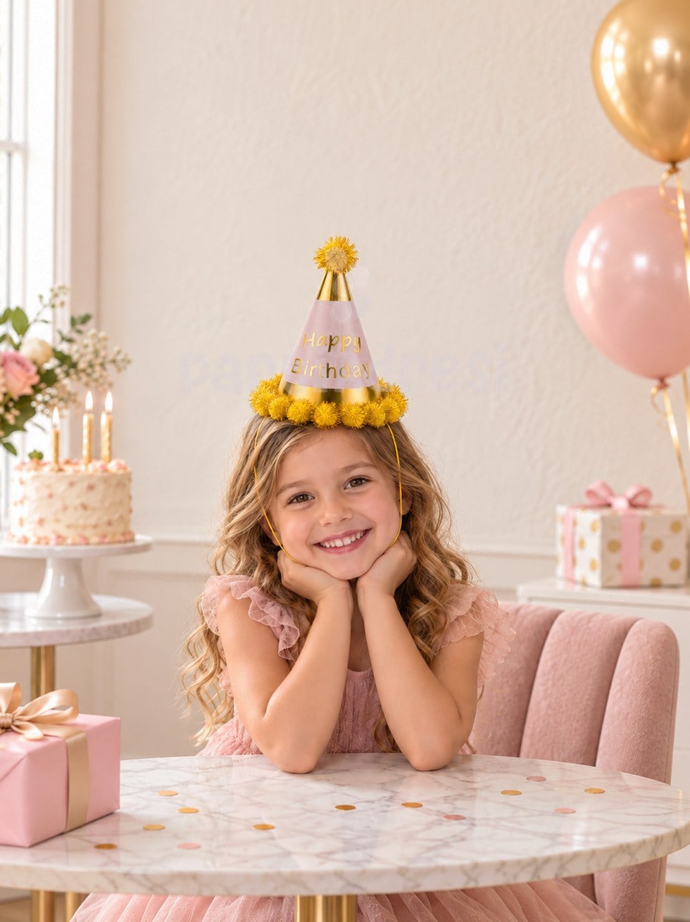 Happy Birthday Yazılı Ponponlu Doğum Günü Şapkası Gold Pembe