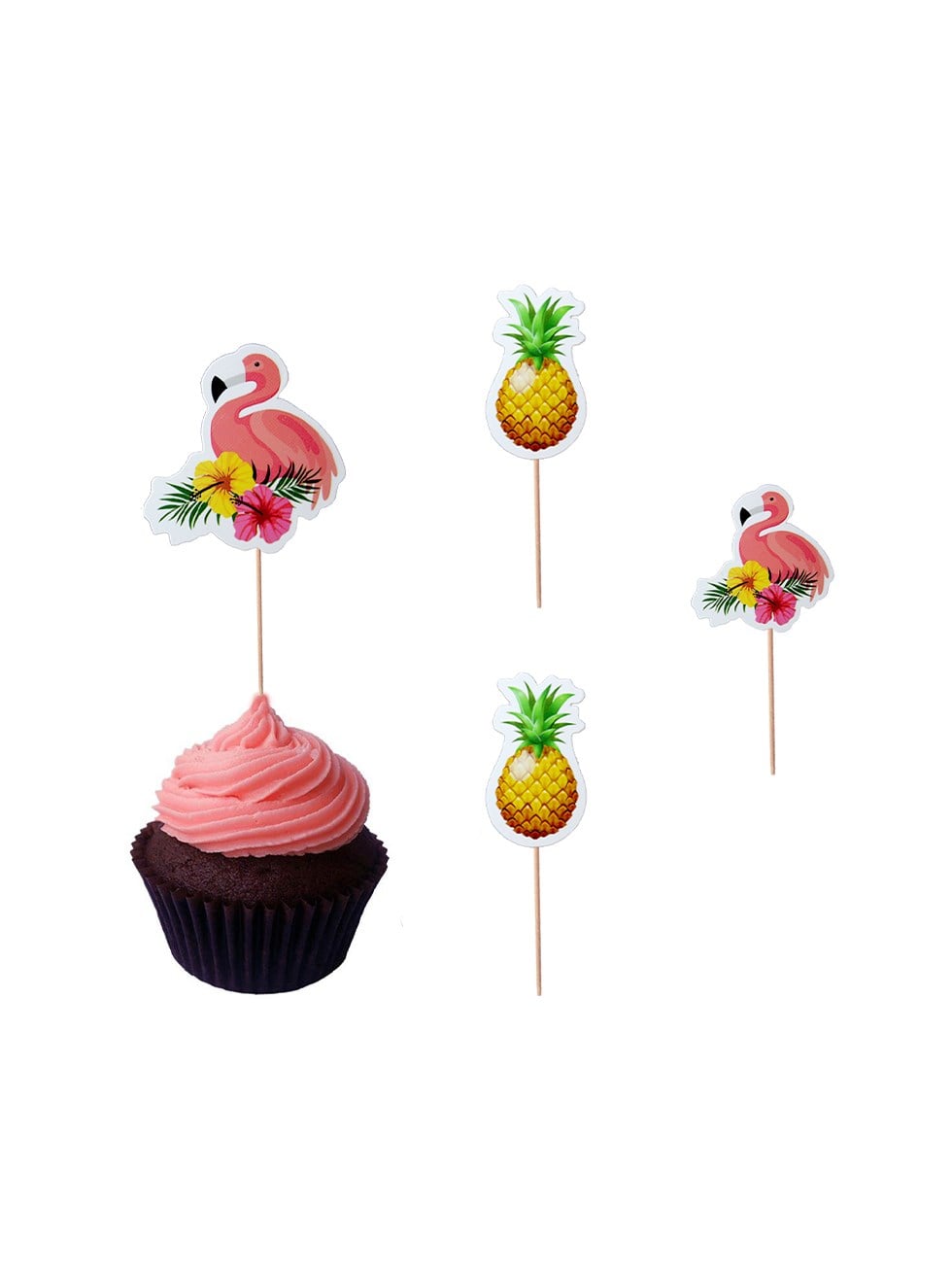 Hawaii Temalı Kürdan Flamingo Ananas Figürlü Cupcake Kürdanı Pasta Süsü 10lu