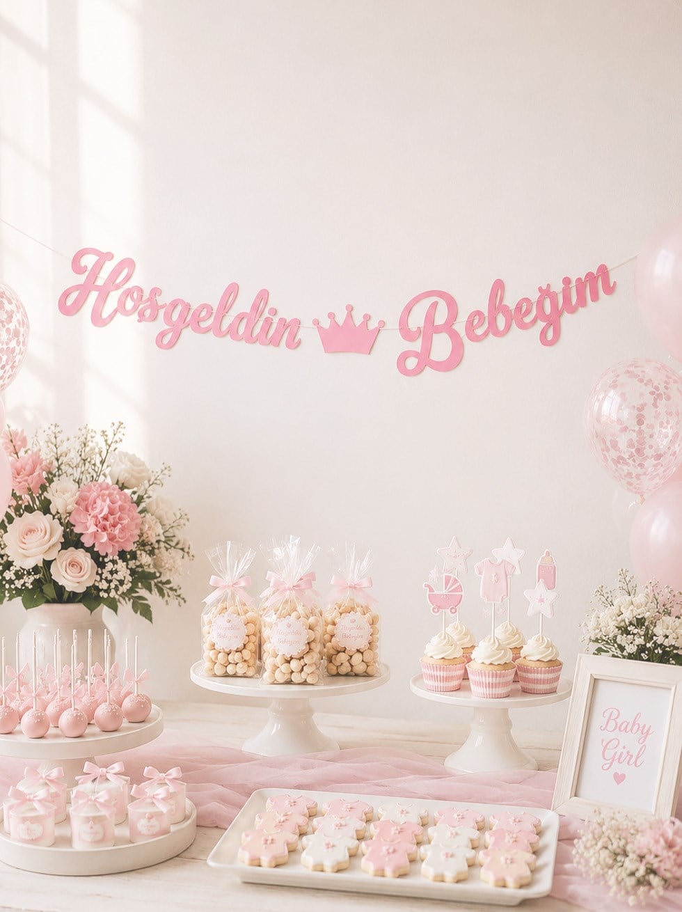 Hoş Geldin Bebeğim Yazılı Kaligrafi Banner Pembe