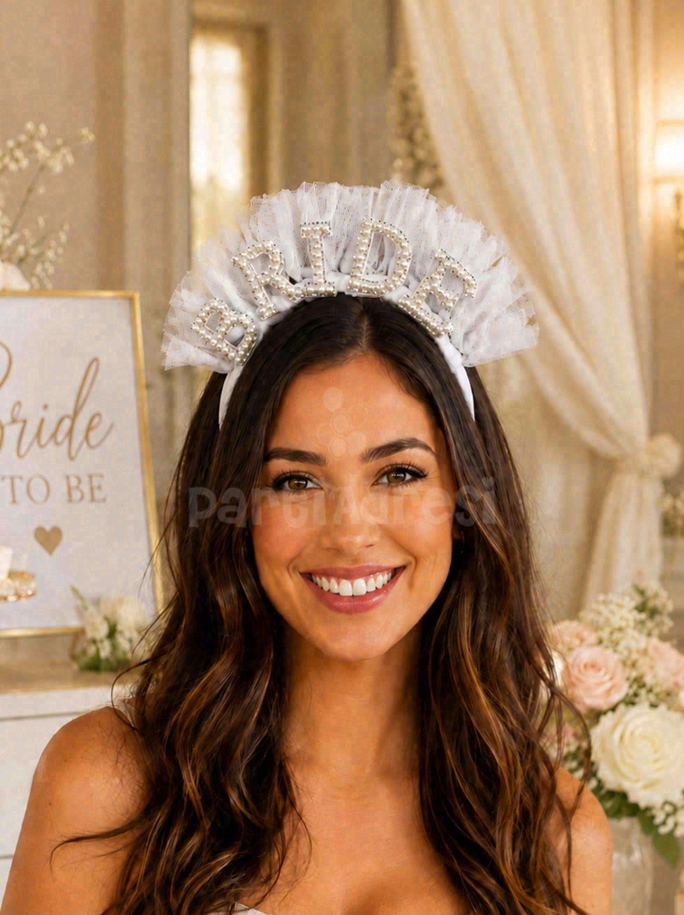 İncili Tüllü Bride Tacı – Bekarlığa Veda Partisi Gelin Tacı 