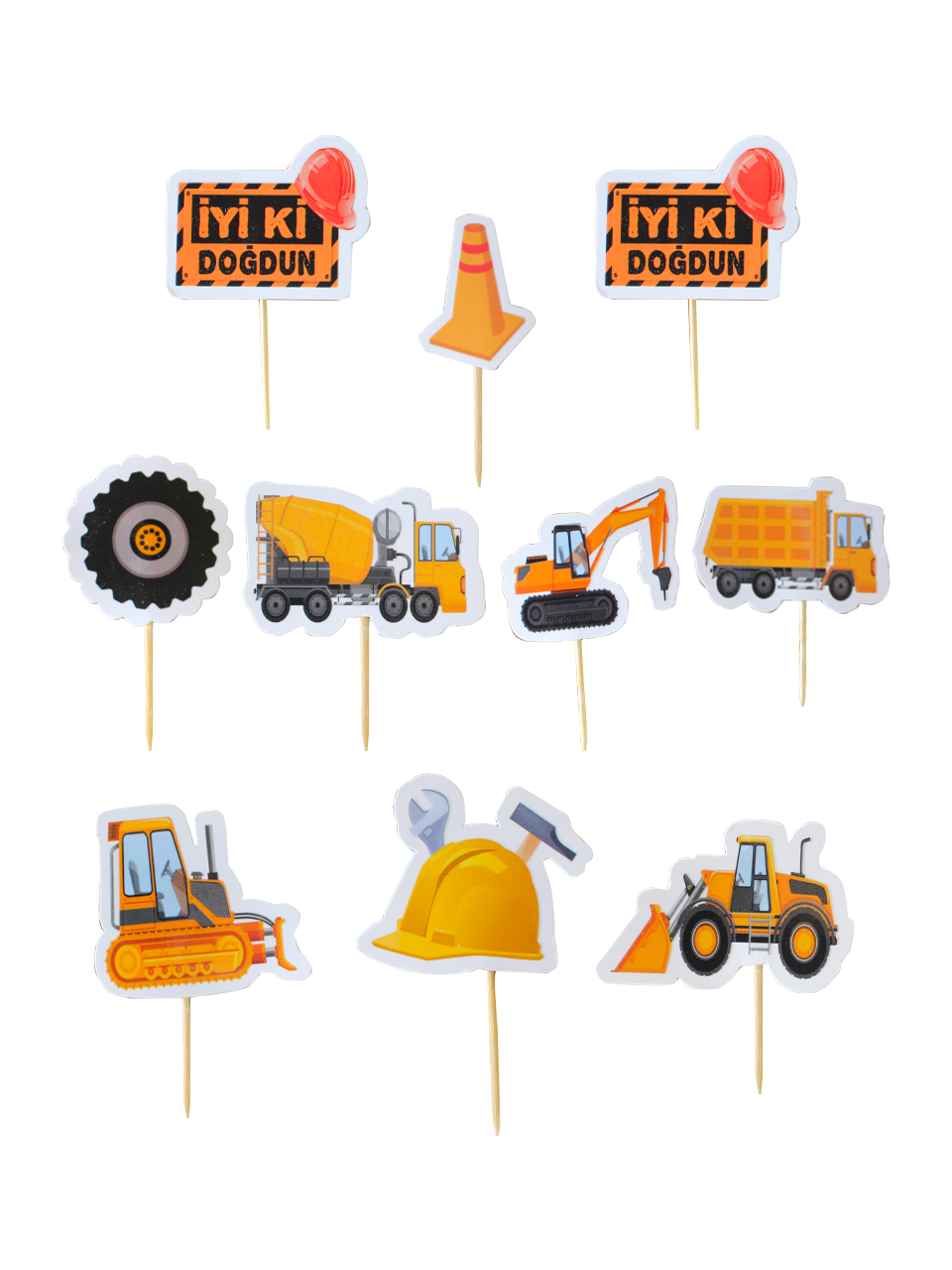 İnşaat Temalı Figürlü Kürdan Pasta Süsü Cupcake Kürdanı 10lu