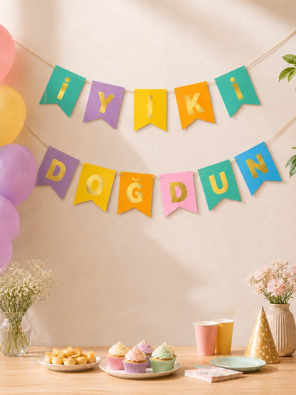 Pastel Renkli Altın İyi Ki Doğdun Banner Doğum Günü Parti Süsü