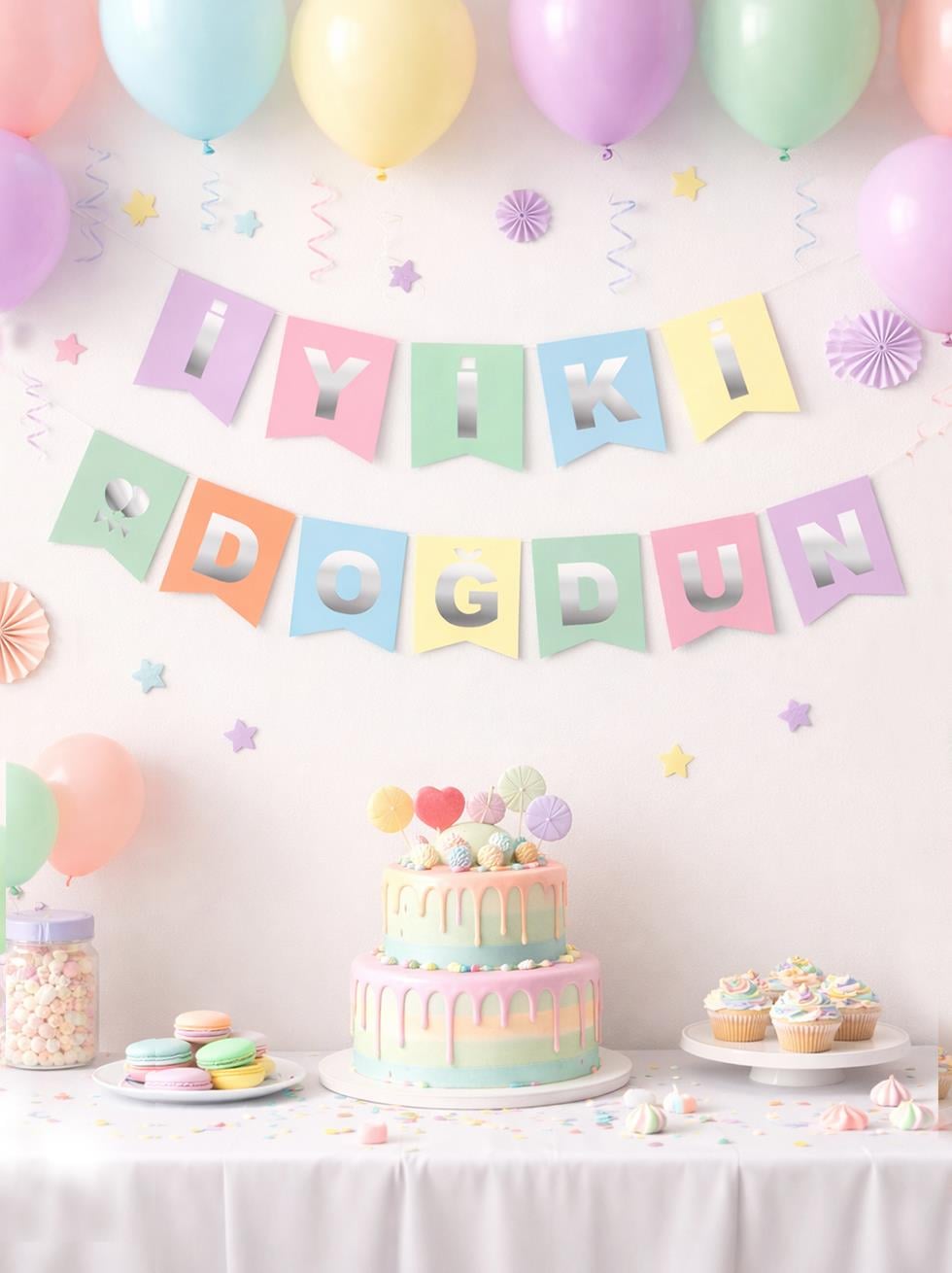 İyi Ki Doğdun Yazı Doğum Günü Parti Süsü Makaron Gümüş