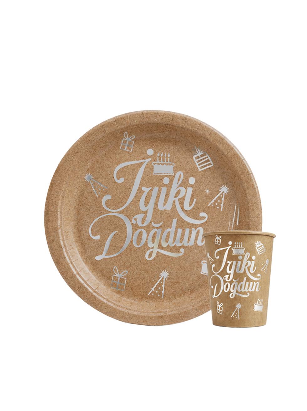 İyi Ki Doğdun Yazılı Doğum Günü Parti Tabak Bardak Set Gümüş Kraft 8li