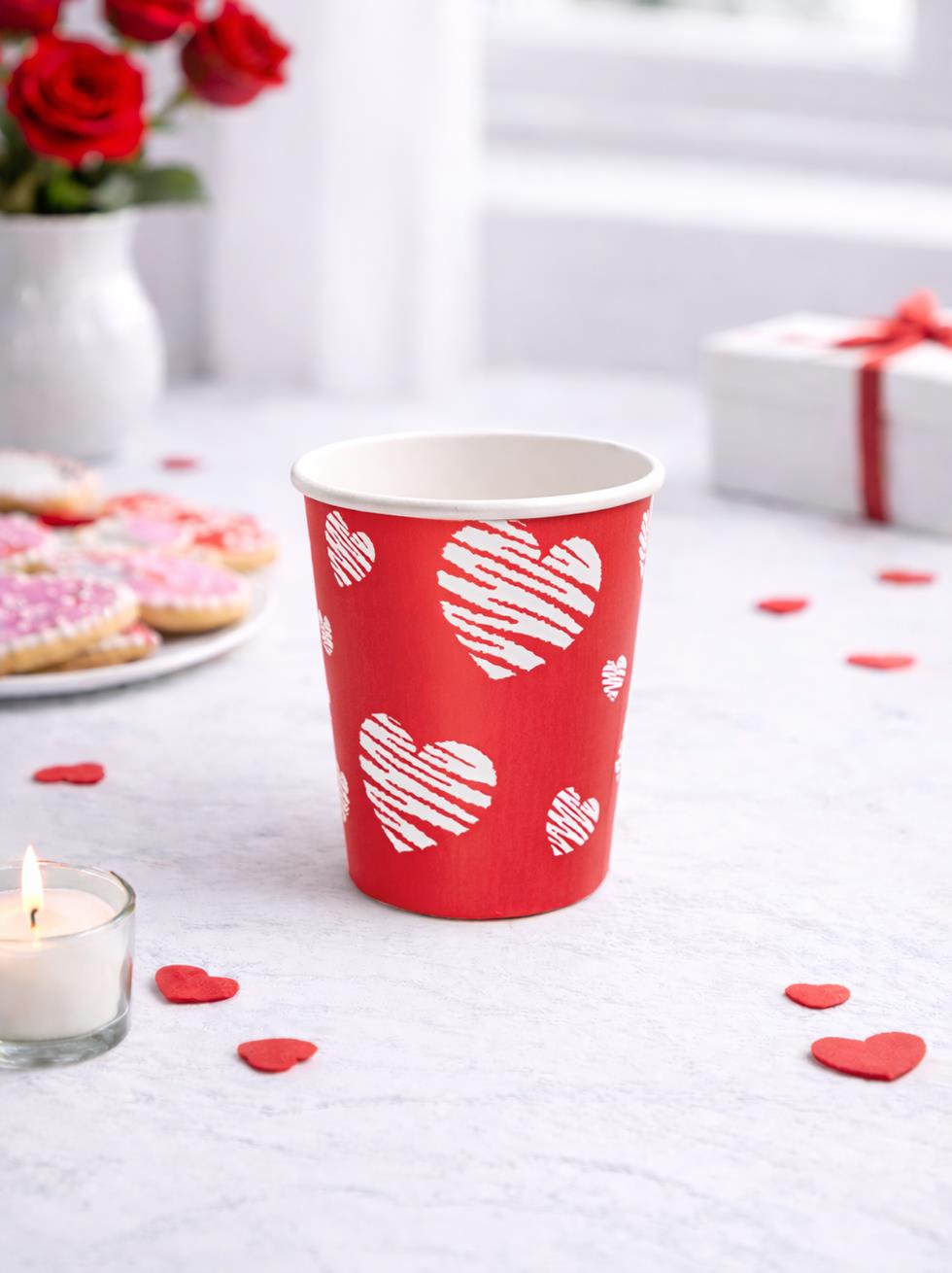 Kalp Baskılı Bardak Love Karton Bardak Kırmızı 8li