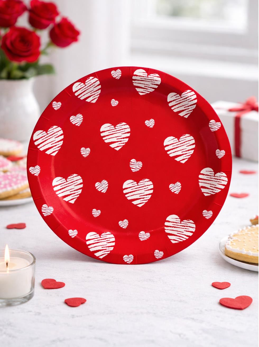 Kalp Baskılı Tabak Love Karton Tabak Kırmızı 8li