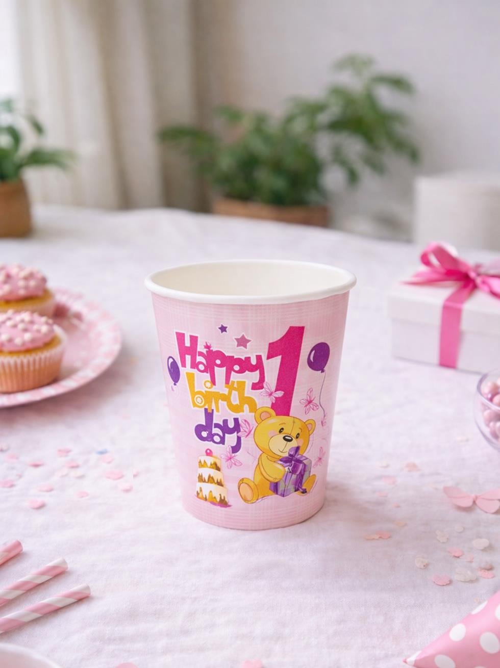 1 Yaş Kız Doğum Günü Karton Bardak - Pembe Ayıcıklı Parti Bardağı 8li