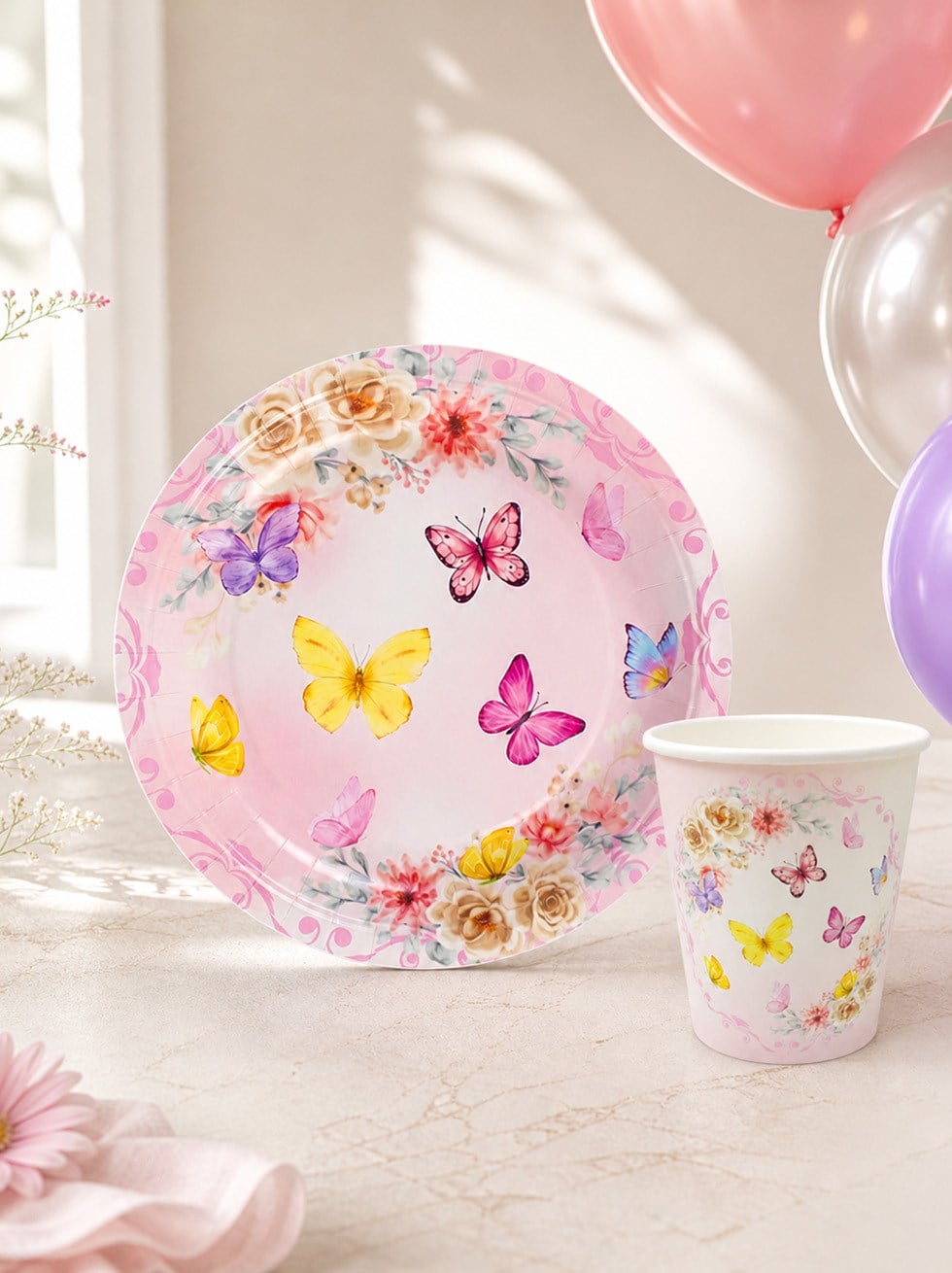 Kelebek Temalı Doğum Günü Parti Seti – Kağıt Tabak & Bardak Set 8li