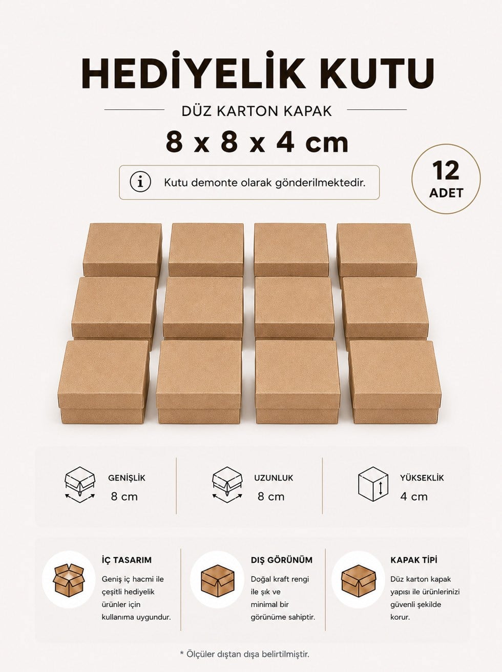 Kraft Karton Hediye Kutusu – Takı ve Nikâh Şekeri Kutusu 8x8x4 cm 12li Paket
