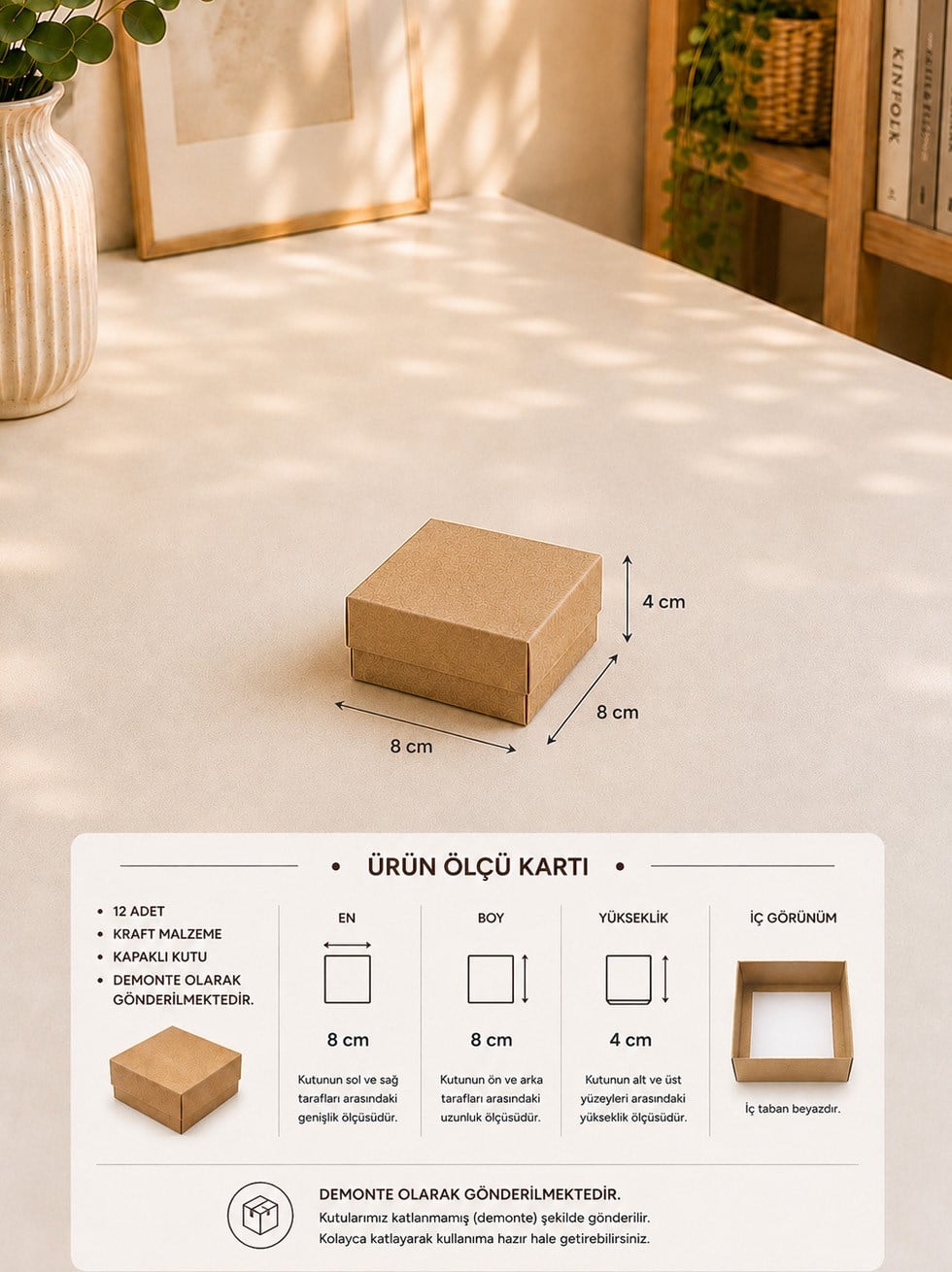 Kraft Karton Hediye Kutusu – Takı ve Nikâh Şekeri Kutusu 8x8x4 cm 12li Paket