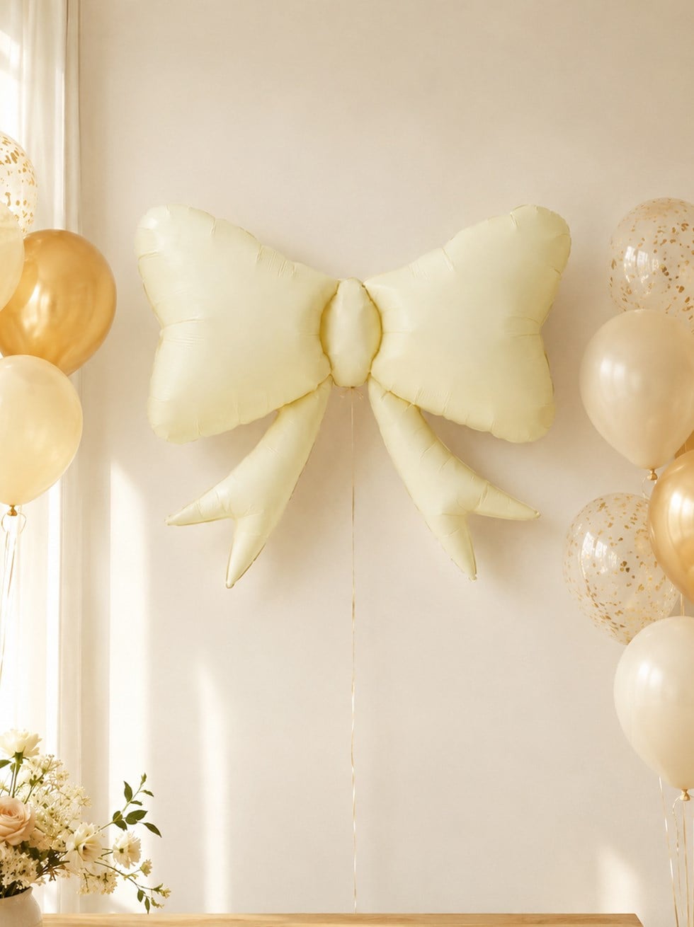 Krem Fiyonk Kurdele Folyo Balon – Doğum Günü Dekoru 86 cm