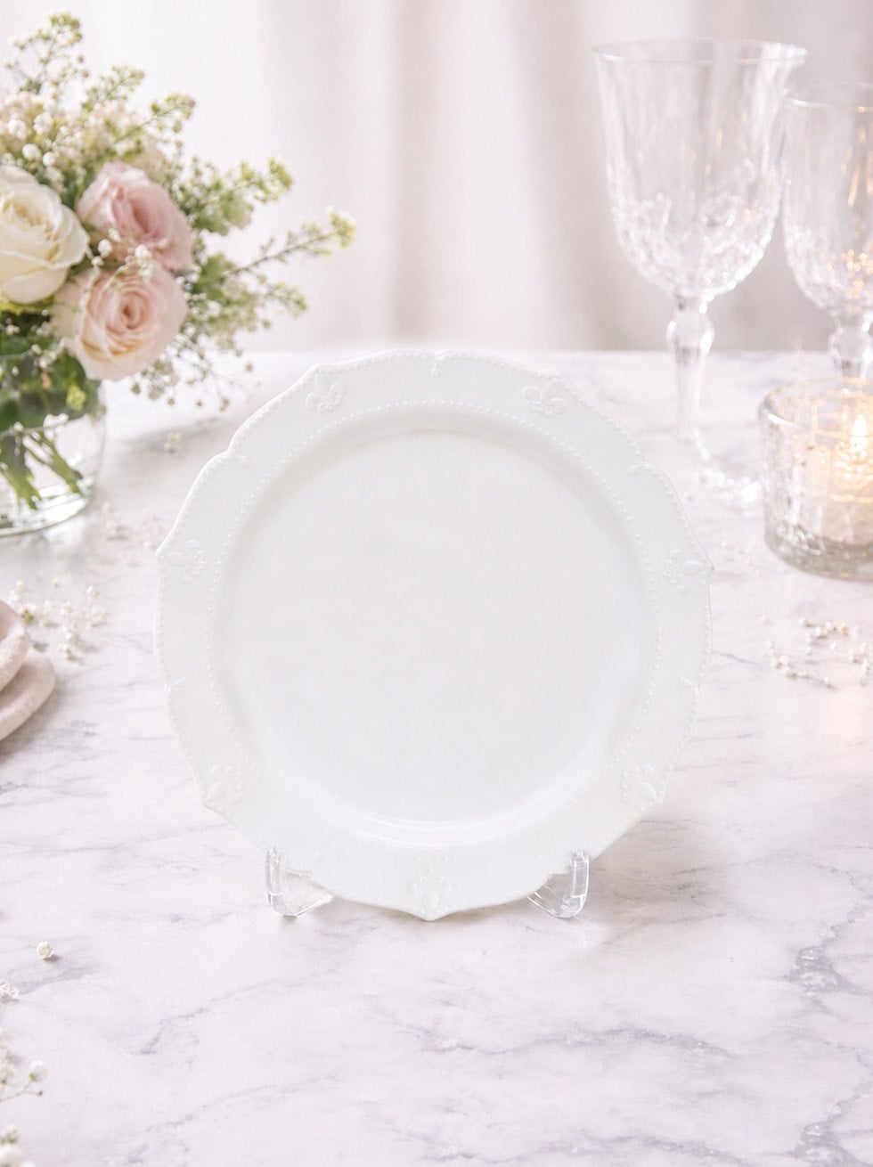 Lüks Mika Tabak Vintage Desenli Plastik Parti Tabağı Beyaz 22 cm 6lı