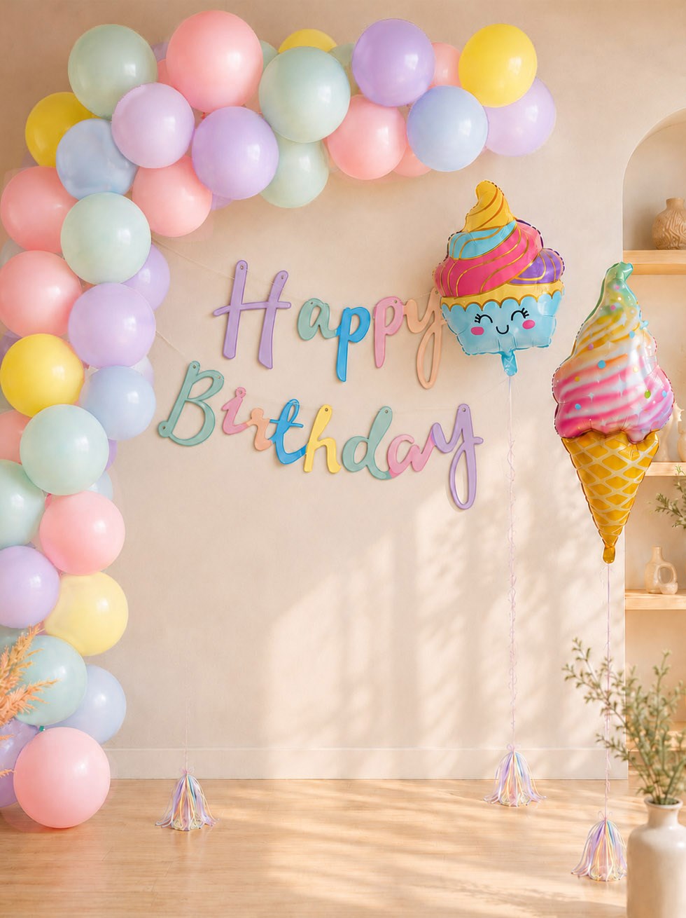 Makaron Renk Temalı Doğum Günü Süsleme Seti – Folyo Balonlu Dekorasyon Seti 