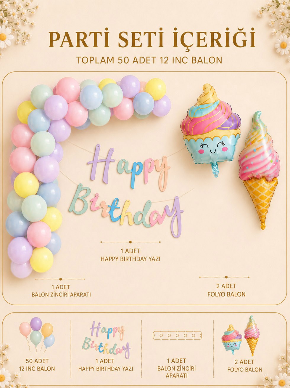 Makaron Renk Temalı Doğum Günü Süsleme Seti – Folyo Balonlu Dekorasyon Seti 