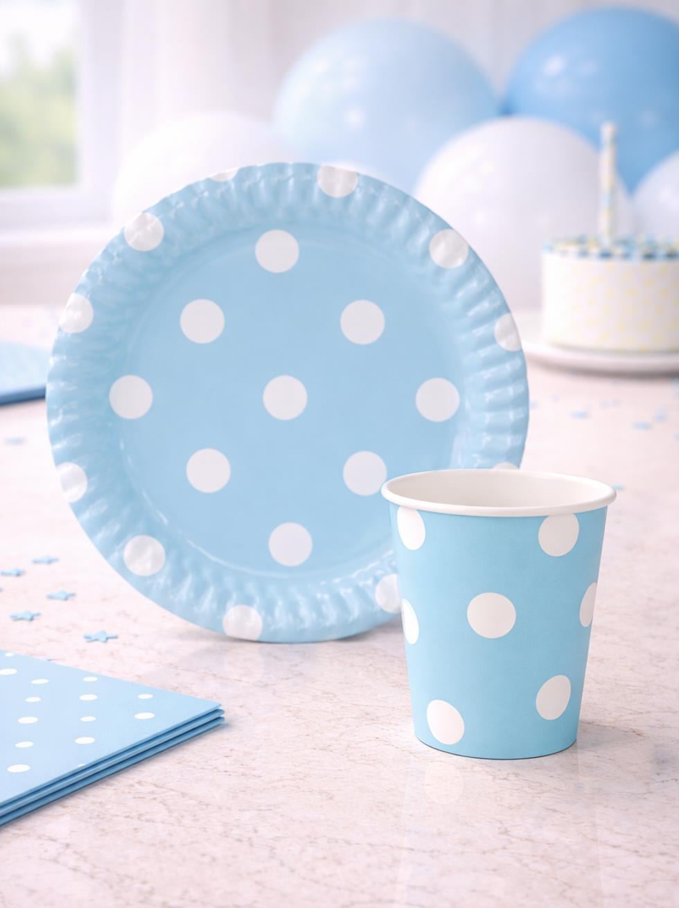 Mavi Beyaz Puantiyeli Karton Tabak & Bardak Seti 8li