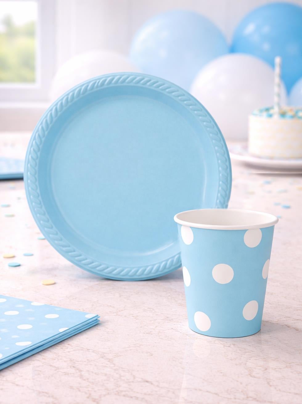 Mavi Plastik Tabak & Karton Bardak Seti – Doğum Günü Parti Malzemesi 24lü 