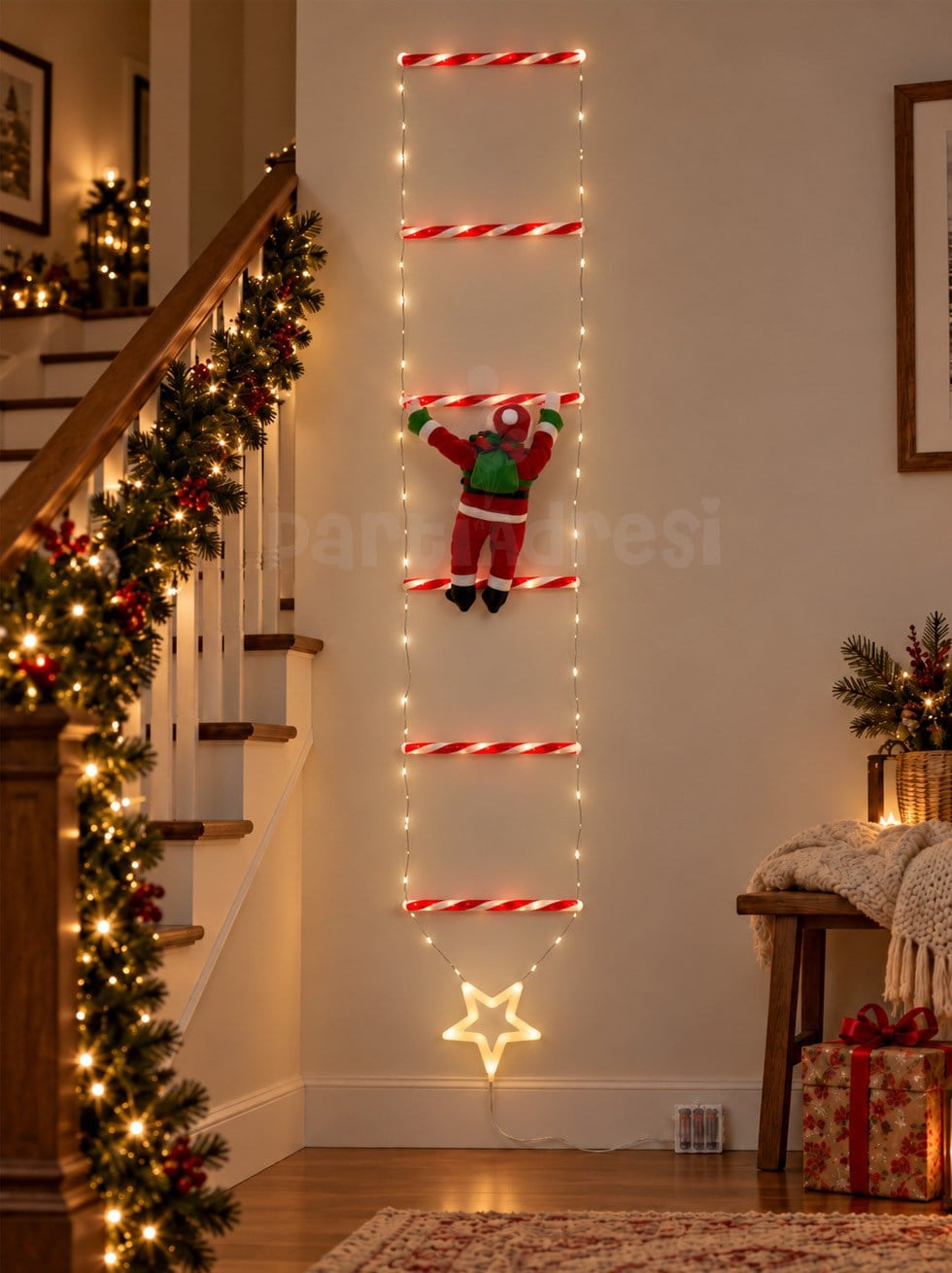 Merdivenli Tırmanan Noel Baba Led Işık 242 cm Kumandalı 8 fonksiyonlu Günışığı Pilli Yılbaşı Süsü