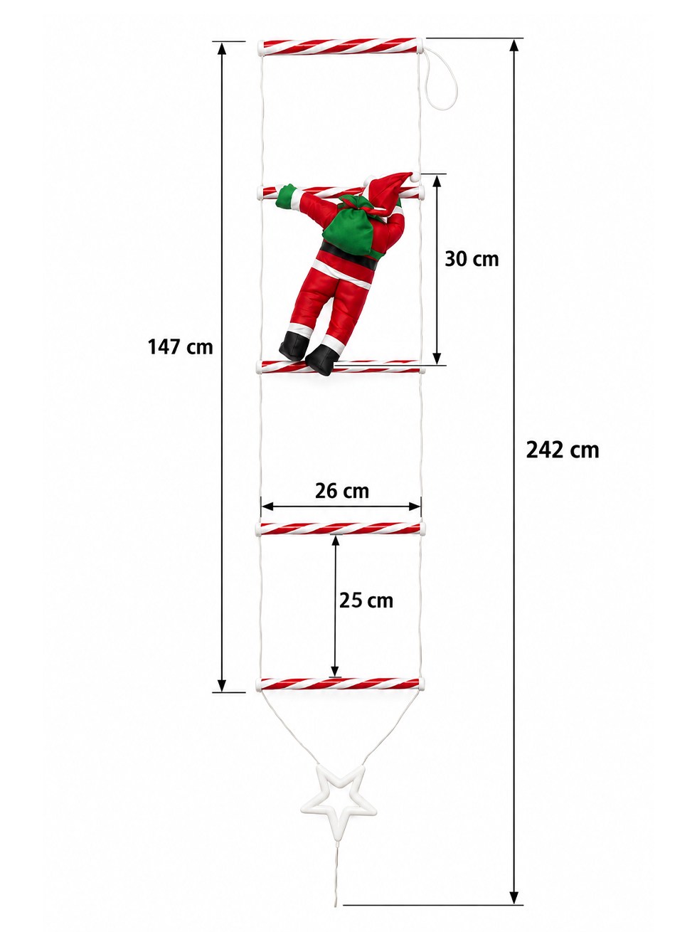 Merdivenli Tırmanan Noel Baba Led Işık 242 cm Kumandalı 8 fonksiyonlu Günışığı Pilli Yılbaşı Süsü