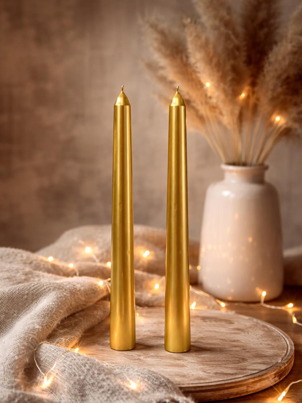 Metalik Altın Şamdan Mum – Dekoratif Masa Dekoru 2li
