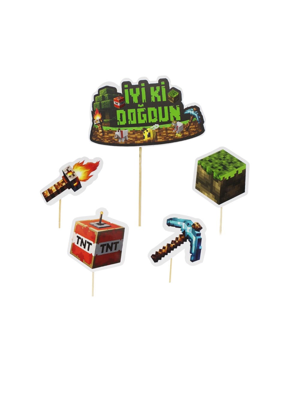 Minecraftt Temalı Doğum Günü Pasta Süsü Kürdan Seti 5li
