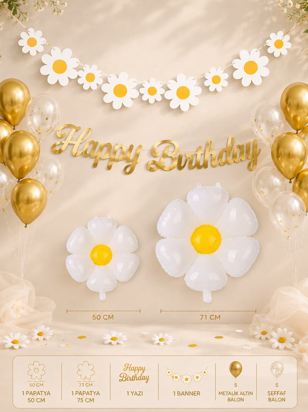 Papatya Konsept Doğum Günü Süsleme Seti Gold Happy Birthday Yazılı