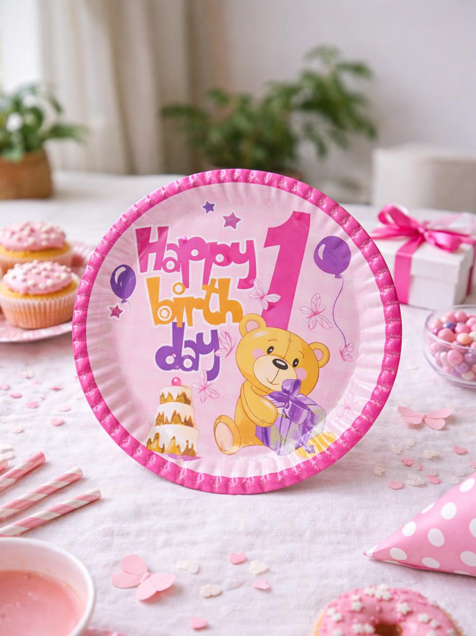 1 Yaş Kız Doğum Günü Karton Tabak - Pembe Ayıcıklı Parti Tabağı 8li