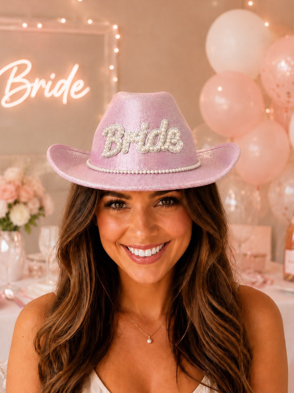 Pembe Bride Kovboy Şapkası – İncili Bekarlığa Veda Parti Aksesuarı