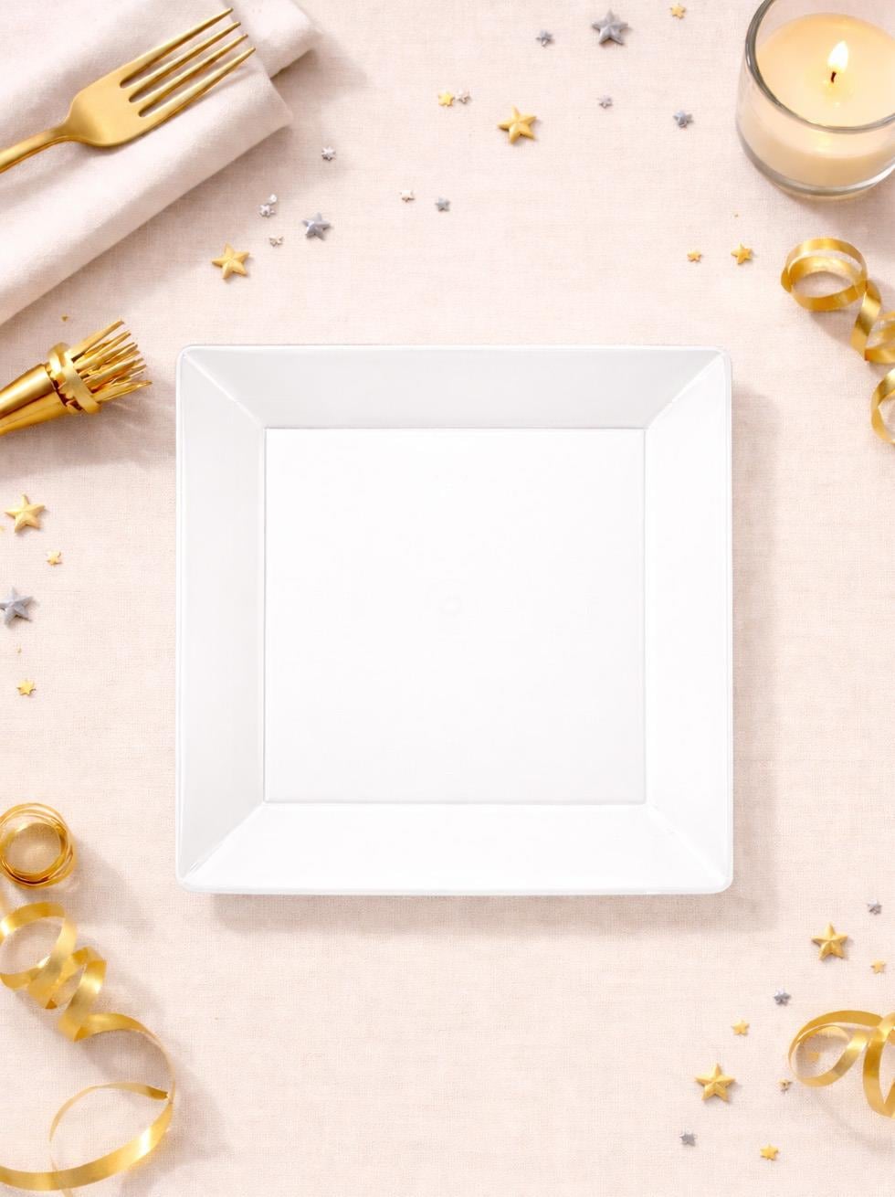 Lüks Mika Kare Tabak Plastik Parti Tabağı Beyaz 22 cm 10lu