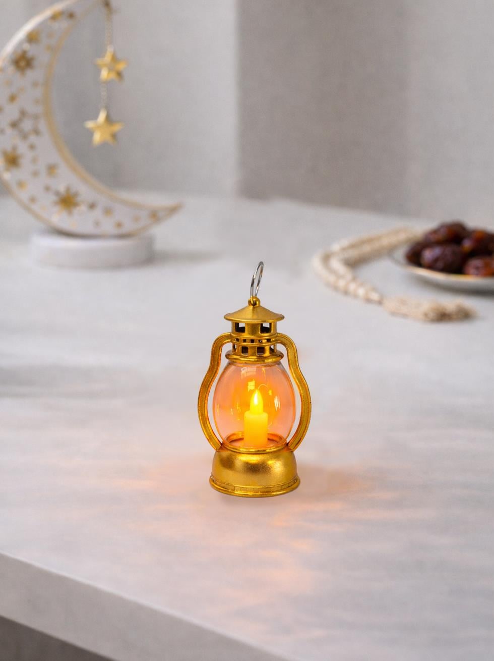 Ramazan Dekoratif Mini Kandil  – Asılabilir Gaz Lambası Figürlü Pilli LED Işık Altın 10 cm