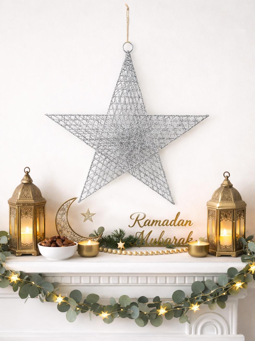 Ramazan Temalı Gümüş Tel Yıldız Duvar & Kapı Süsü 30 cm