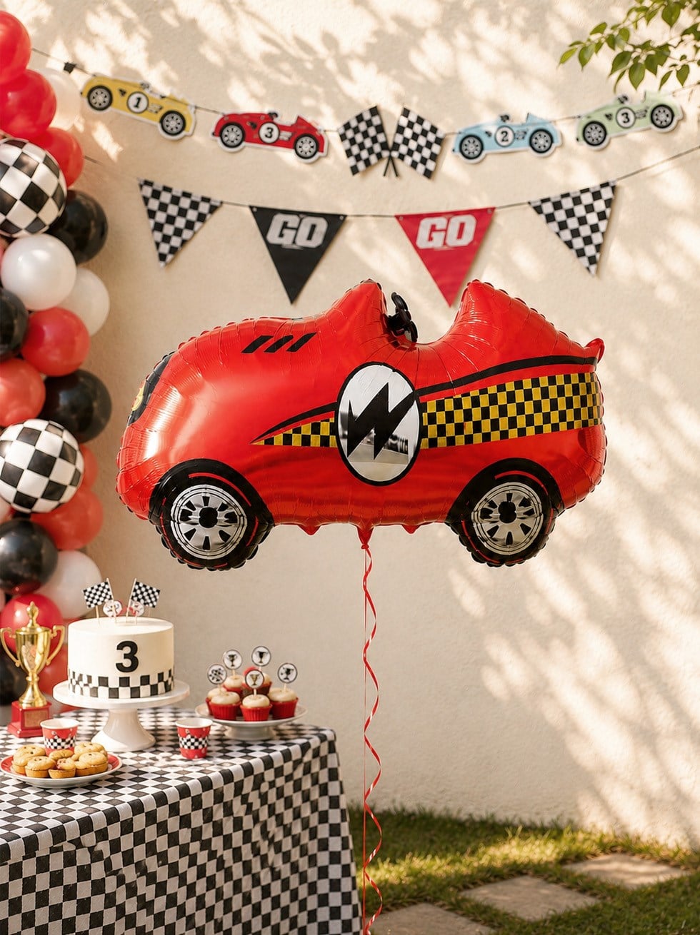 Retro Kırmızı Yarış Arabası Folyo Balon 110x49 cm Araba Temalı Doğum Günü Parti Balonu