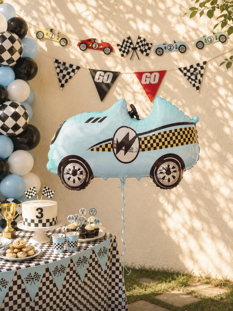 Retro Mavi Yarış Arabası Folyo Balon 110x49 cm Araba Temalı Doğum Günü Parti Balonu