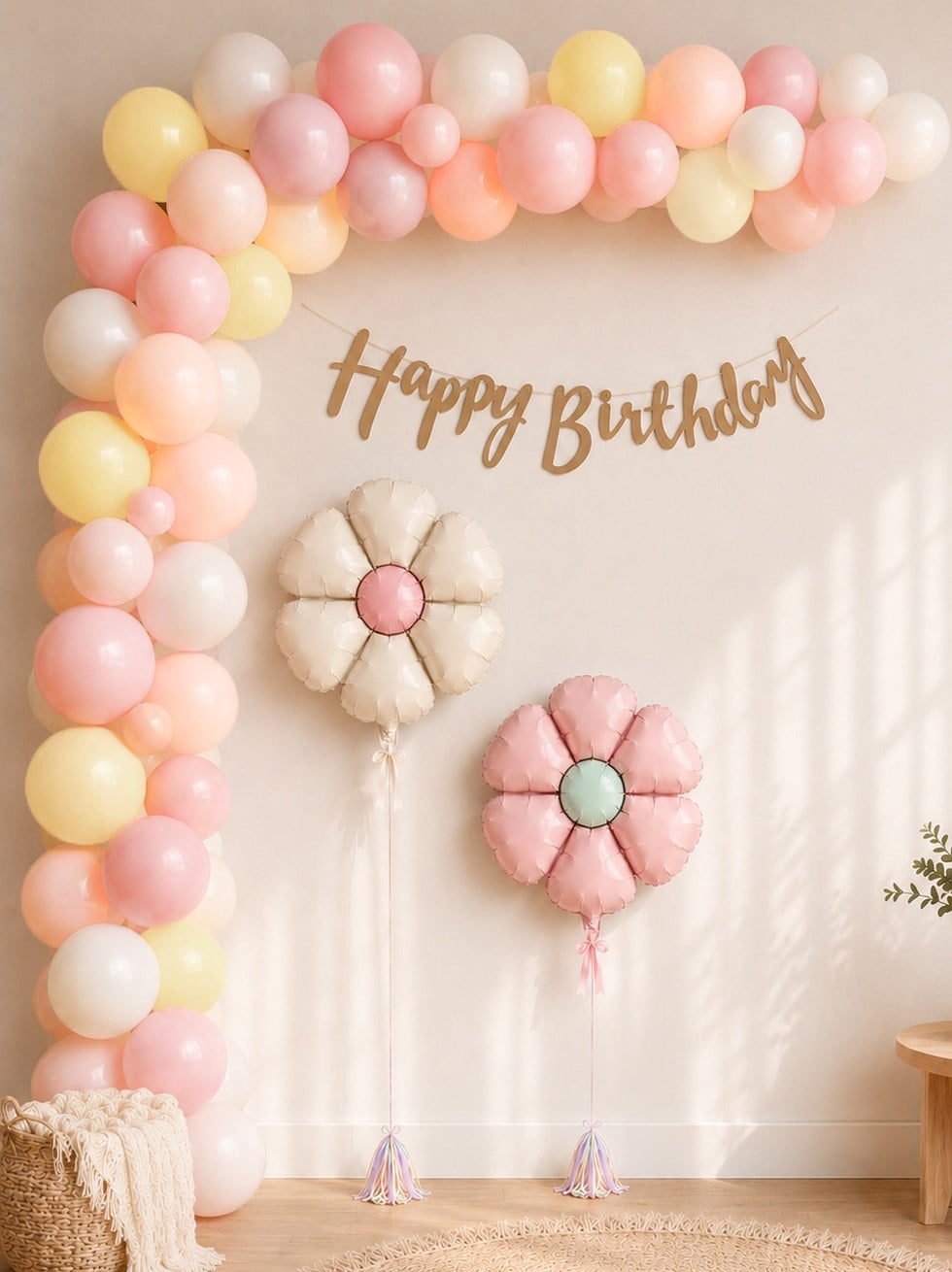 Retro Papatya Temalı Doğum Günü Parti Seti – Folyo Balonlu Dekorasyon Seti