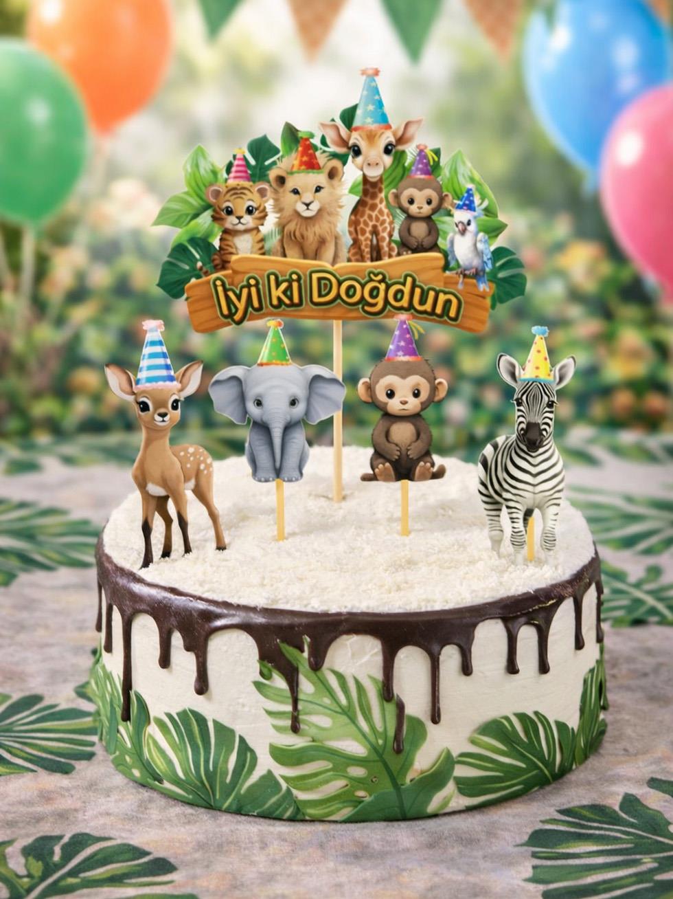 Safari Temalı Kürdan İyi Ki Doğdun Kürdanı Pasta Süsü 5li