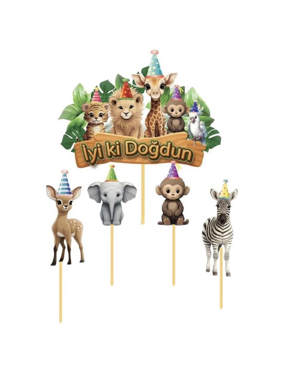 Safari Temalı Kürdan İyi Ki Doğdun Kürdanı Pasta Süsü 5li