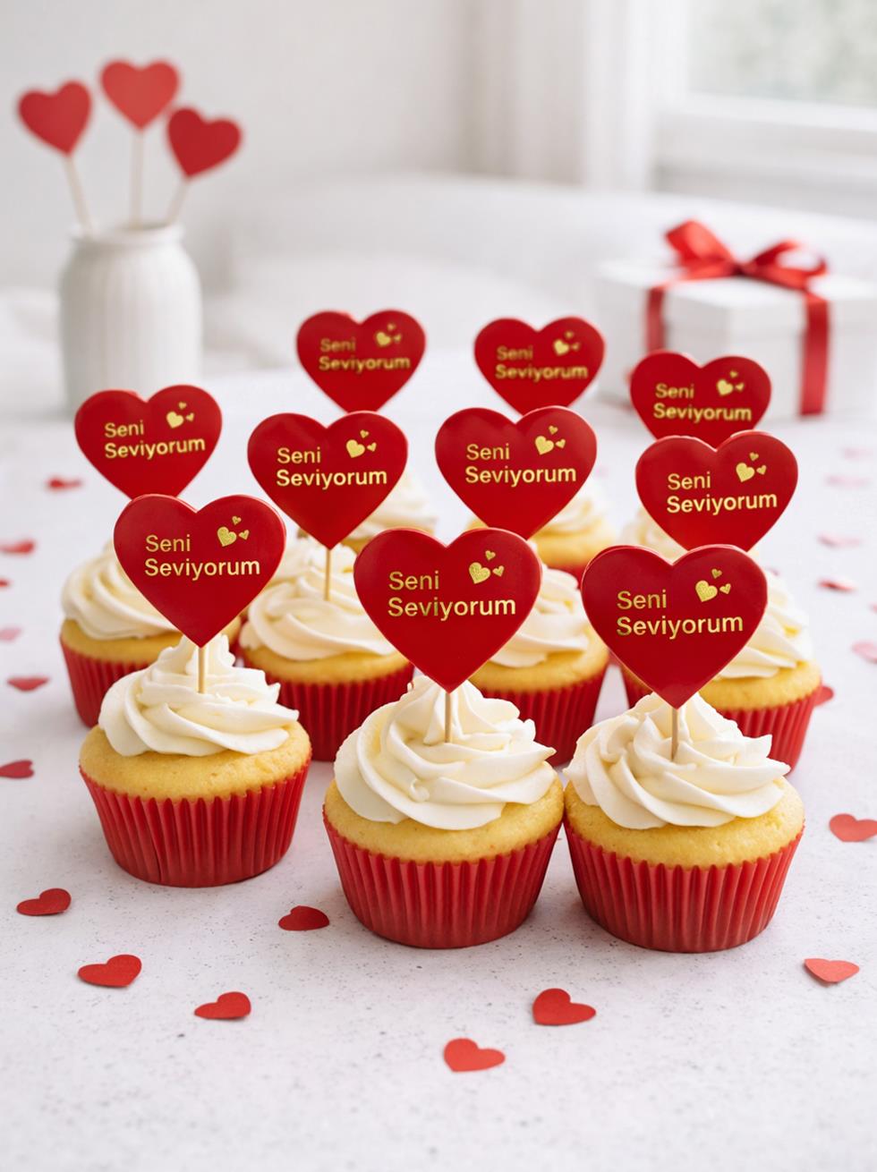 Seni Seviyorum Kalp Kürdan Cupcake Kürdanı Pasta Süsü 10lu