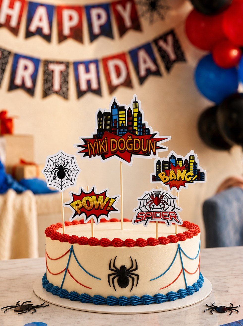 Spiderman Temalı Kürdan Figürlü Cupcake Kürdanı Pasta Süsü 5li