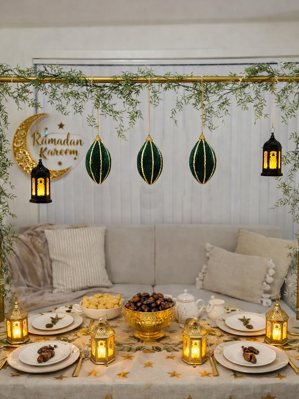 Yeşil Kadife Asmalı Ramazan Dekoru – Altın Sim Detaylı 6 cm 3lü