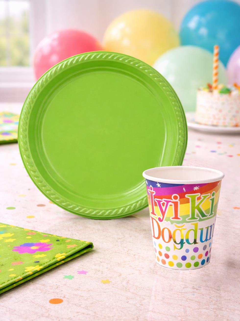 Yeşil Plastik Tabak & Karton Bardak Seti – Doğum Günü Parti Malzemesi 24lü 