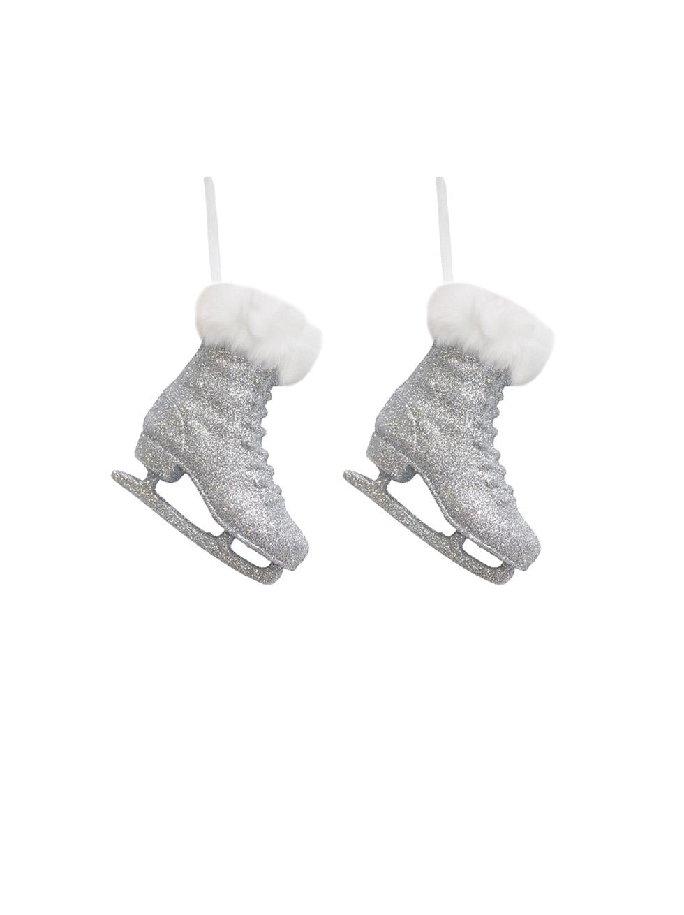 Yılbaşı Ağaç Süsleri Gümüş Simli Kürk Detaylı Dekoratif  Paten Süs 12 cm 2li