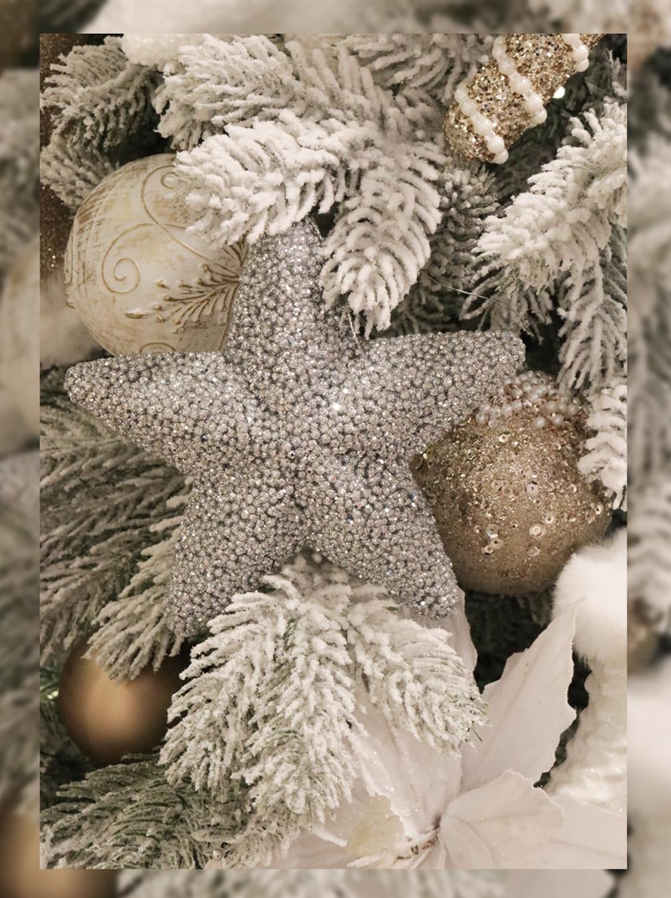 Yılbaşı Ağaç Süsü Kabartma Detaylı Simli Yıldız Dekoratif Süs Gümüş 15 cm