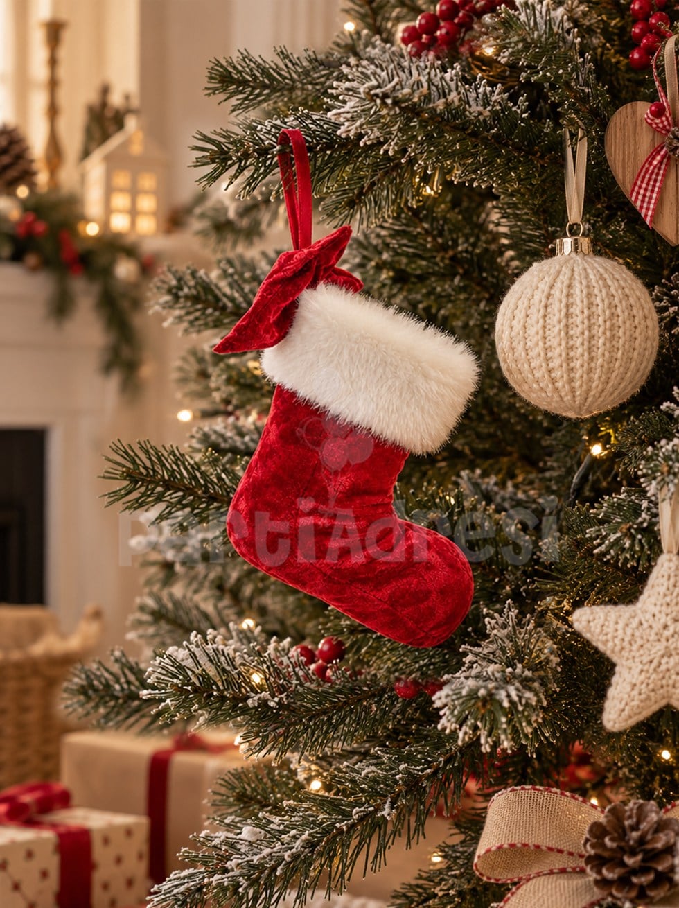 Yılbaşı Ağaç ve Şömine Süsü Fiyonklu Kırmızı Kadife Noel Çorabı 15 cm