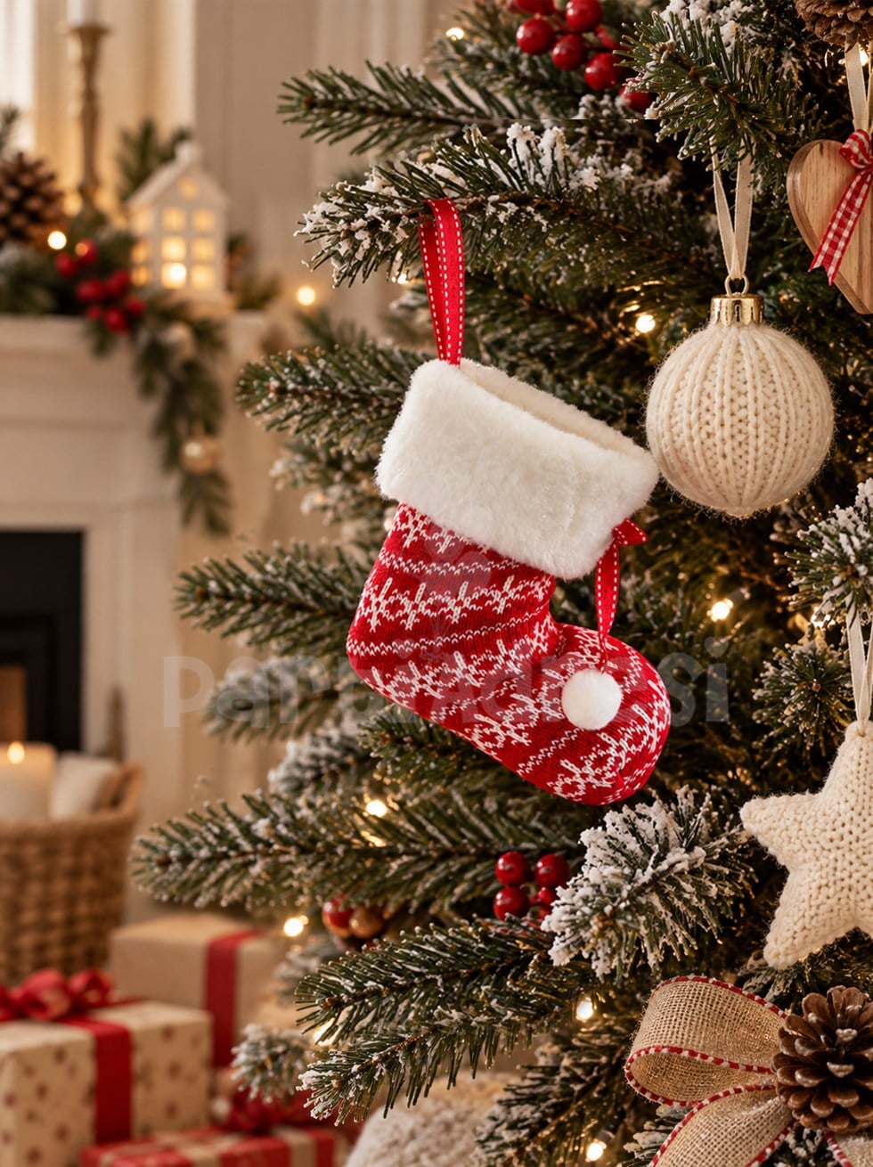 Yılbaşı Ağaç ve Şömine Süsü Kırmızı Beyaz Ponponlu Noel Çorabı 15 cm